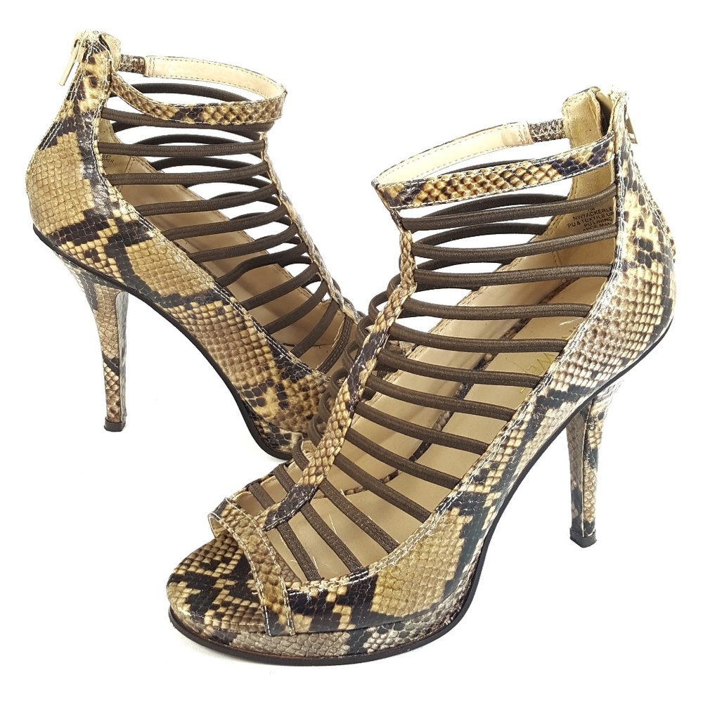 Nine West Caged Open Toe Snake Print Stiletto 7